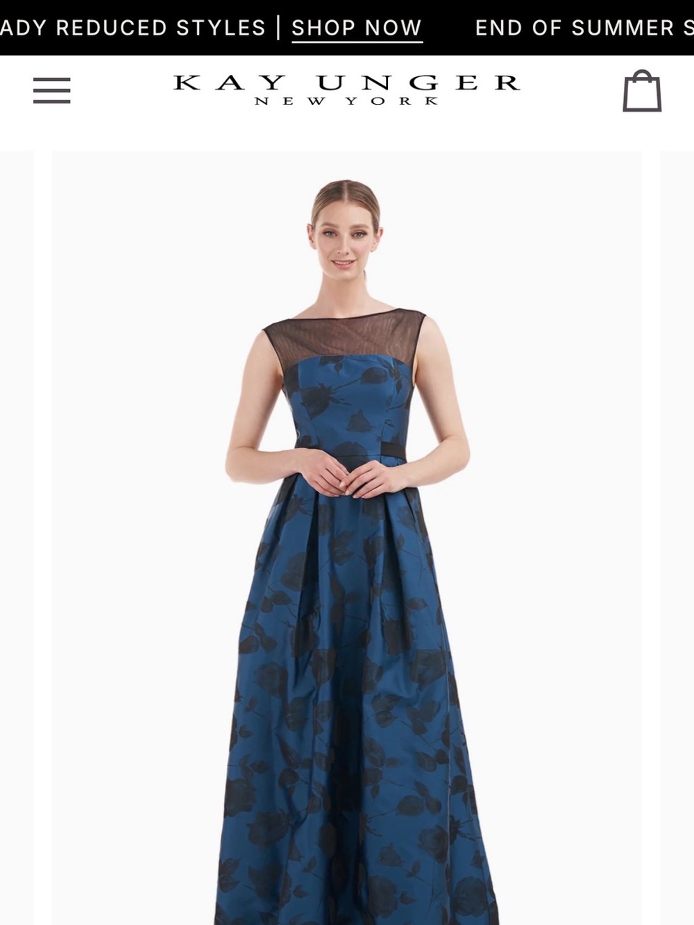Kay Unger Navy Blue Floral Maxi with Sheer Black Yoke size 4 NWT